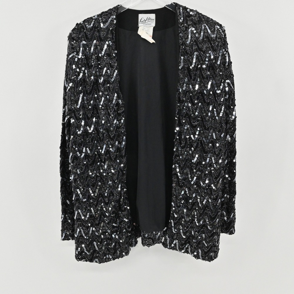 Vintage 80s Sequined Jacket Womens Size 1X Black Open Front Glam Lady West Teddi